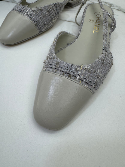 CHANEL 25B 灰白色金絲線Tweed Slingback
