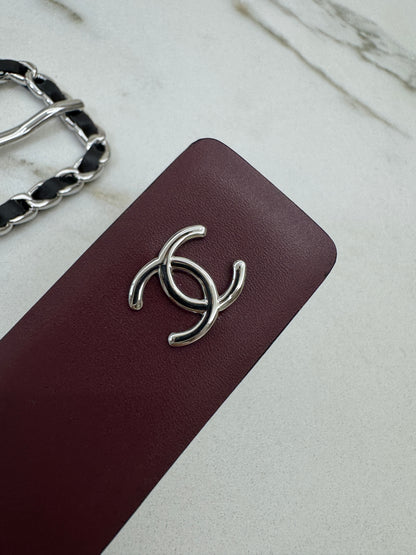 CHANEL Belt 雙面皮帶銀扣 酒紅拼黑