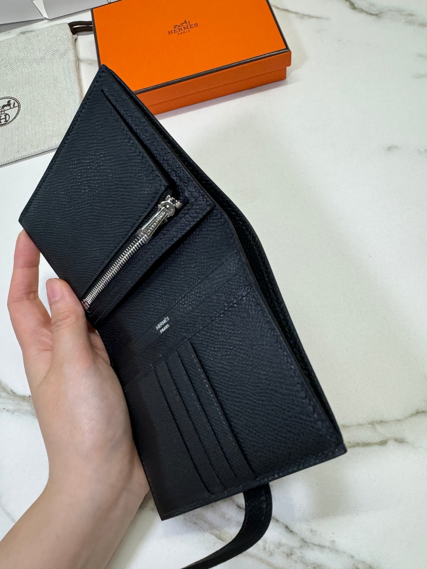 HERMES Bearn Compact Wallet 黑銀 短款 Epsom PHW