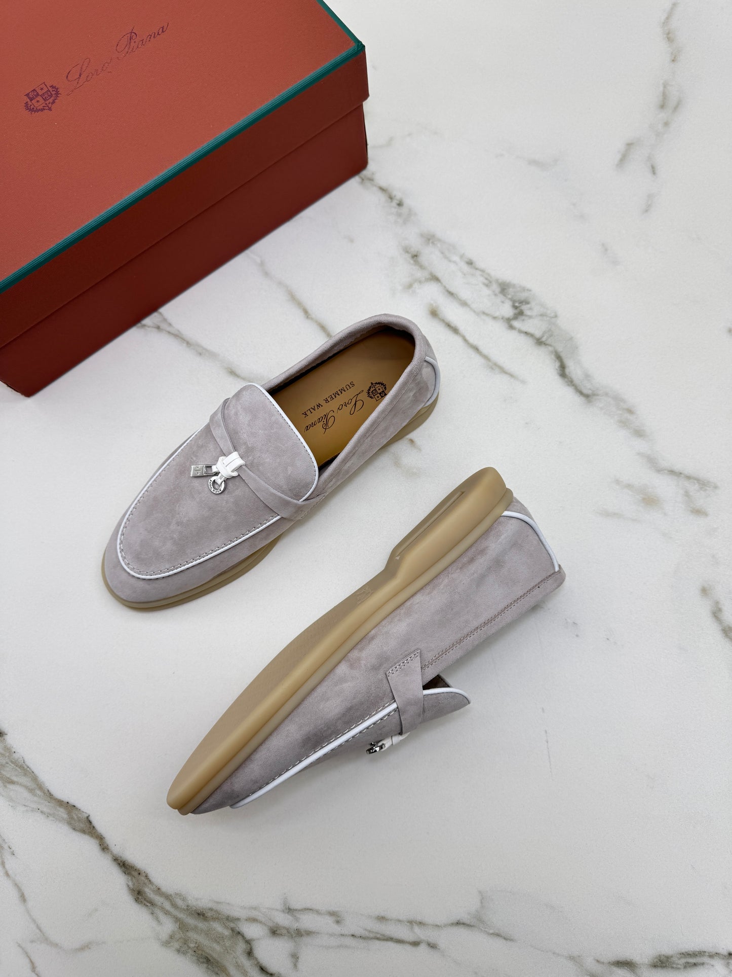 LORO PIANA Summer Walk 珍珠灰滾邊款樂福鞋