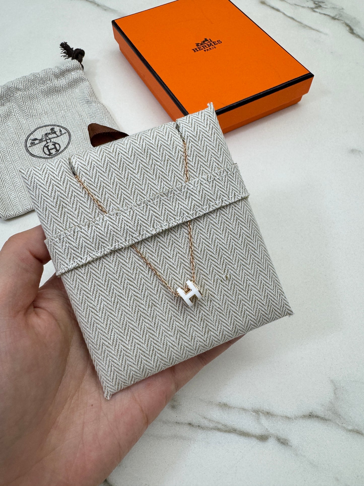 HERMES Mini Pop H 白色玫瑰金項鏈