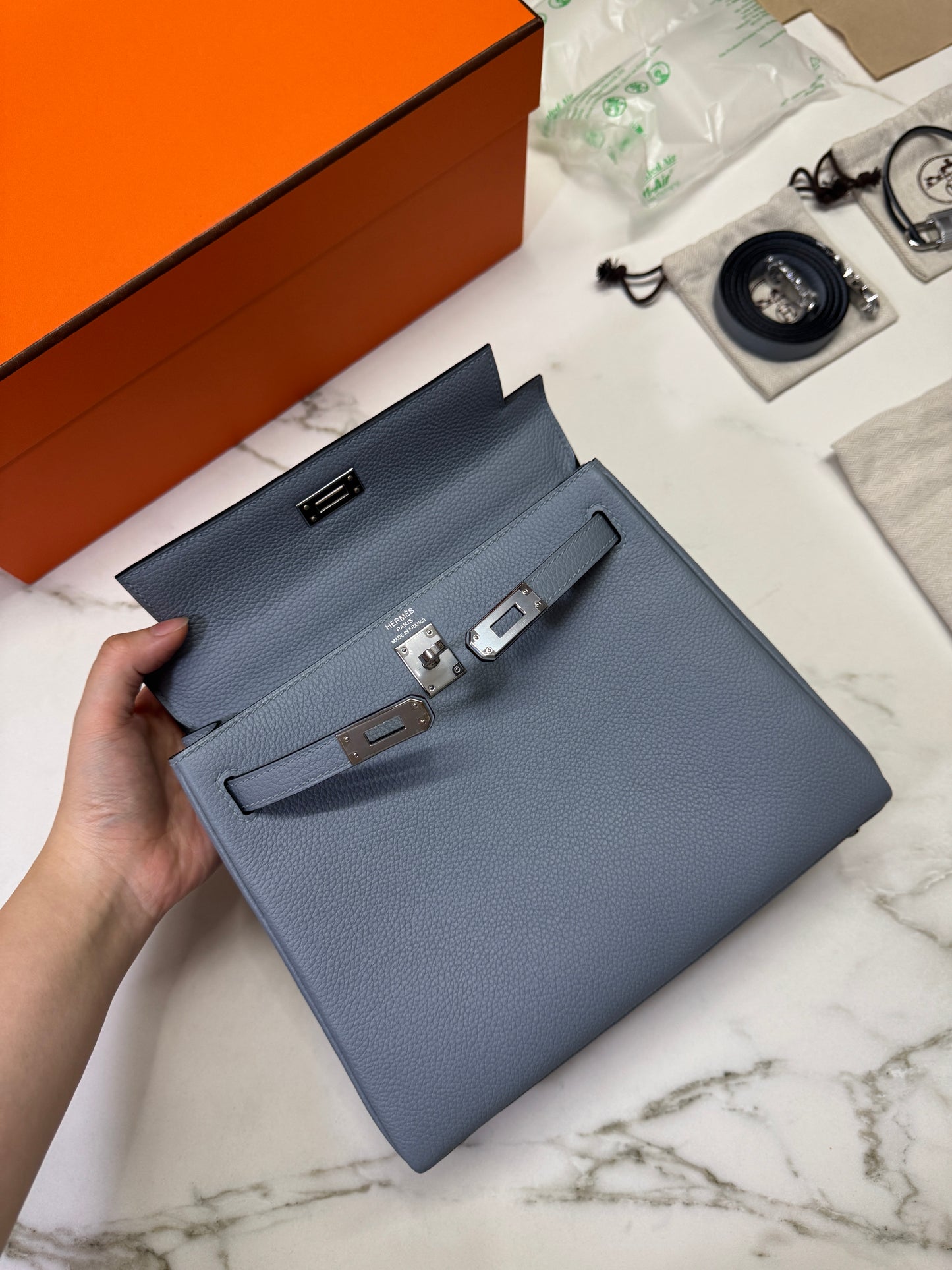 HERMES Kelly 25 亞麻藍 銀扣 內縫 Togo Selier