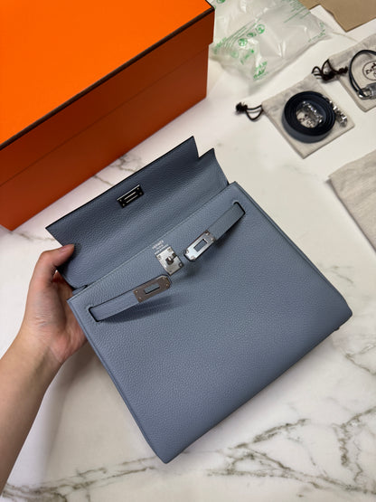 HERMES Kelly 25 亞麻藍 銀扣 內縫 Togo Selier