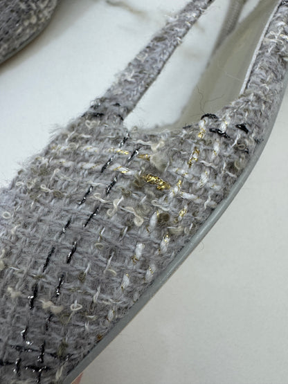 CHANEL 25B 灰白色金絲線Tweed Slingback