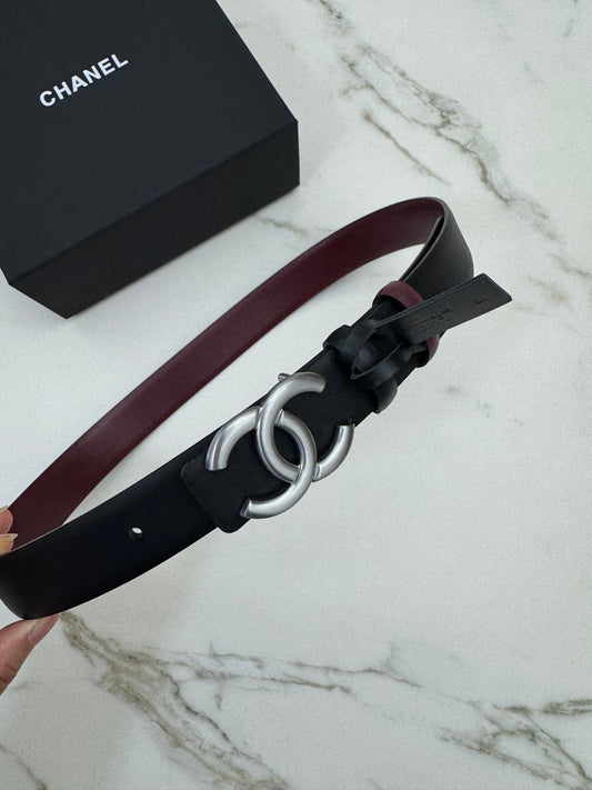 CHANEL 雙面皮帶 黑拼酒紅 銀扣
