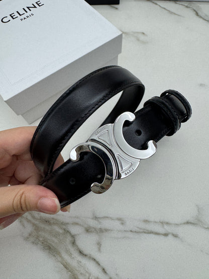 CELINE 凱旋門皮帶黑銀 2.5cm