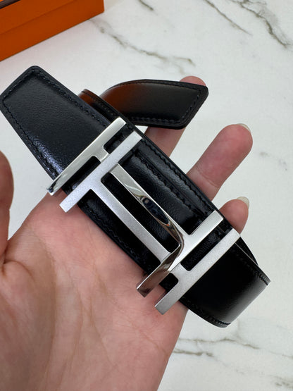 HERMES H au Carre 32mm 雙面皮帶 黑色拼烏木色