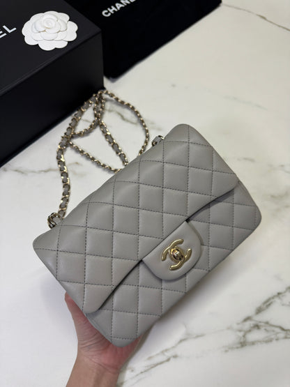 CHANEL Mini CF20 淺灰色 羊皮 淡金扣