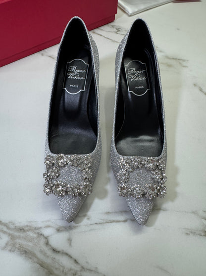 RV 銀色細閃 鑽扣高跟鞋 6cm