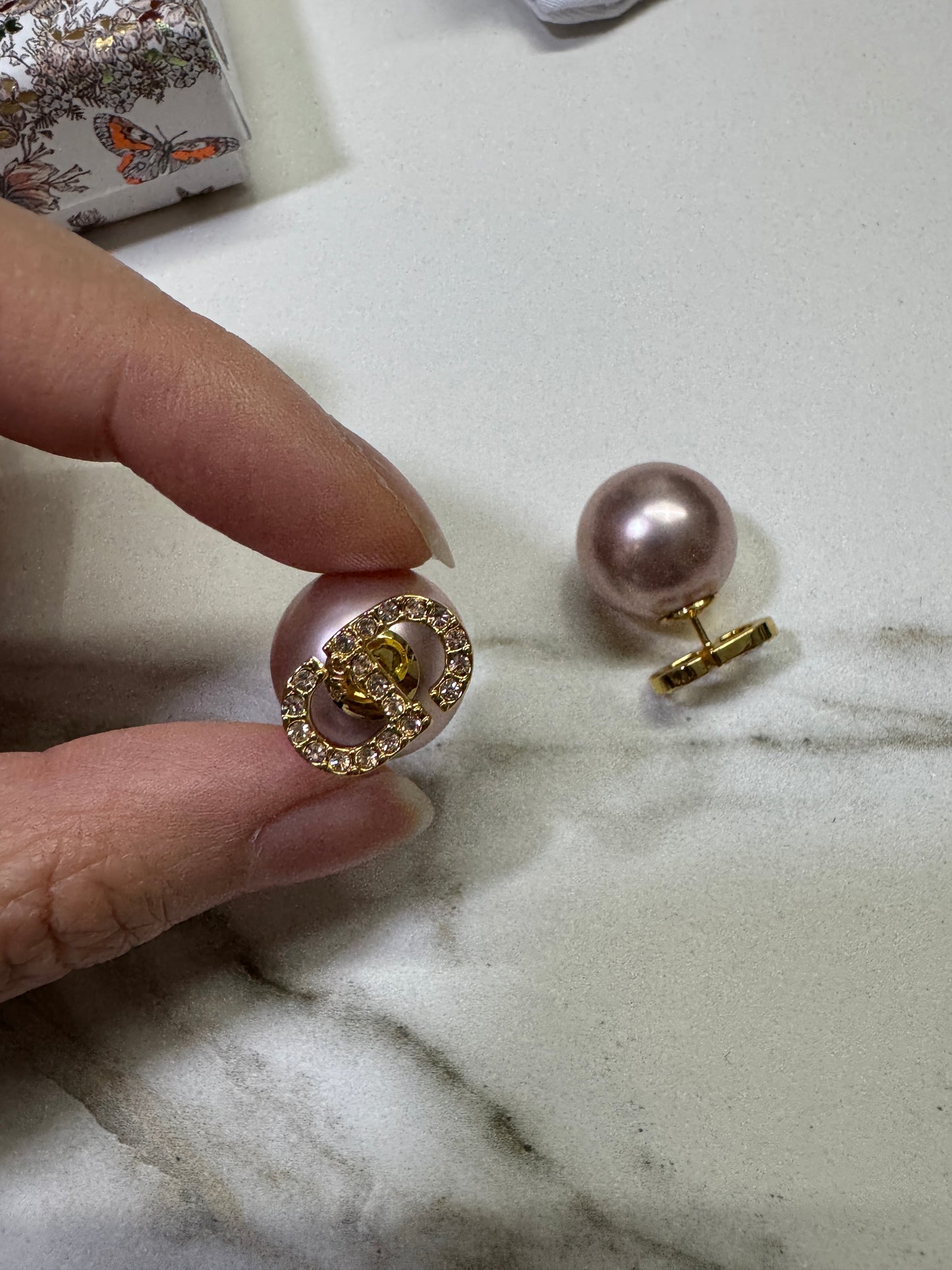 DIOR 前後戴粉紅色珍珠耳環