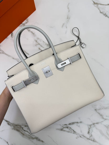 HERMES Birkin 30 SO 珍珠灰拼奶昔白山羊皮 拉絲銀扣 Chevre Mysore Gris Pearl x Craie