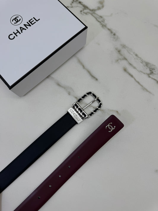 CHANEL Belt 雙面皮帶銀扣 酒紅拼黑