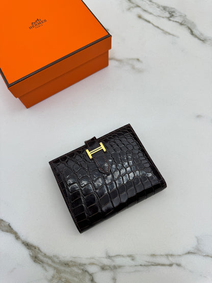 HERMES Bearn Wallet 亮面灣鱷 巧克力色 金扣 Porosus Crocodile Chocolate GHW
