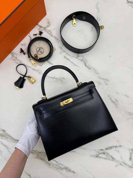 HERMES Kelly 25 黑色外縫金扣 Box Leather Sellier Noir GHW