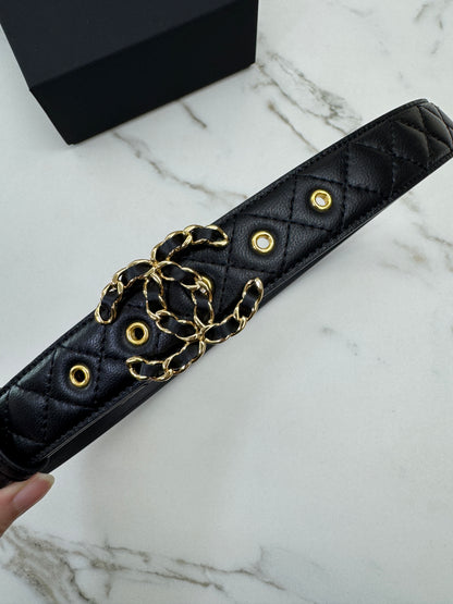 CHANEL 穿皮鏈扣菱格紋皮帶 黑金