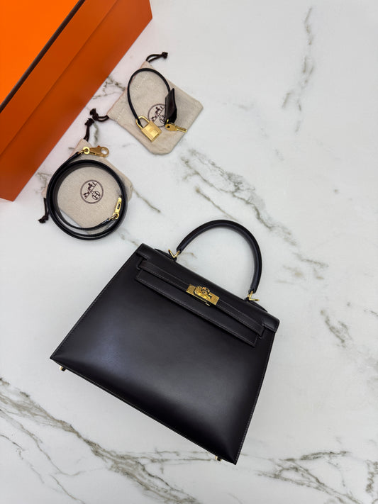 HERMES Kelly 25 烏木色Box皮金扣 外縫 Ebene Box Leather Seilier GHW