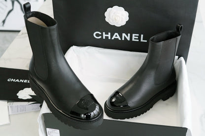 CHANEL 厚底切爾西 Chelsea Boots 漆皮拼牛皮