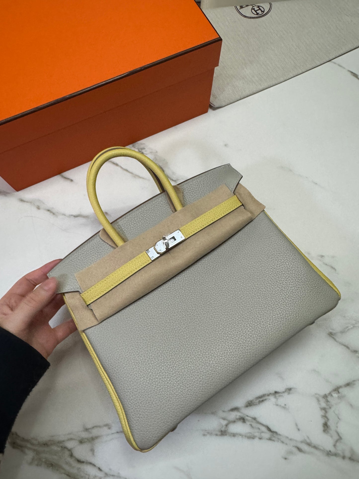 HERMES Birkin25 SO 珍珠灰拼小雞黃 Togo PHW