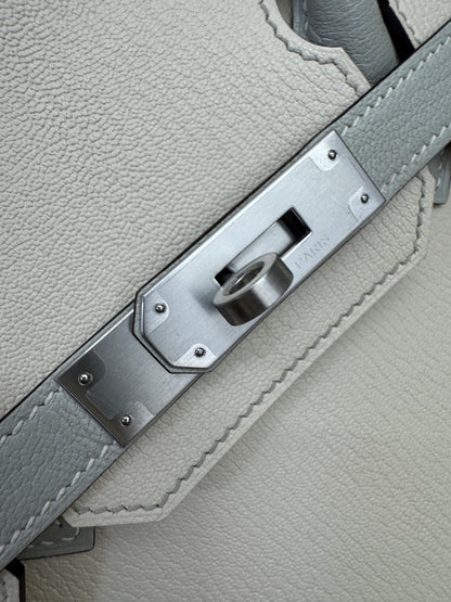 HERMES Birkin 30 SO 珍珠灰拼奶昔白山羊皮 拉絲銀扣 Chevre Mysore Gris Pearl x Craie