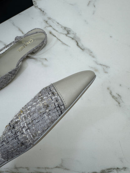 CHANEL 25B 灰白色金絲線Tweed Slingback