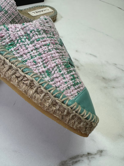 CHANEL 漁夫半拖 軟呢粉紅色拼綠色