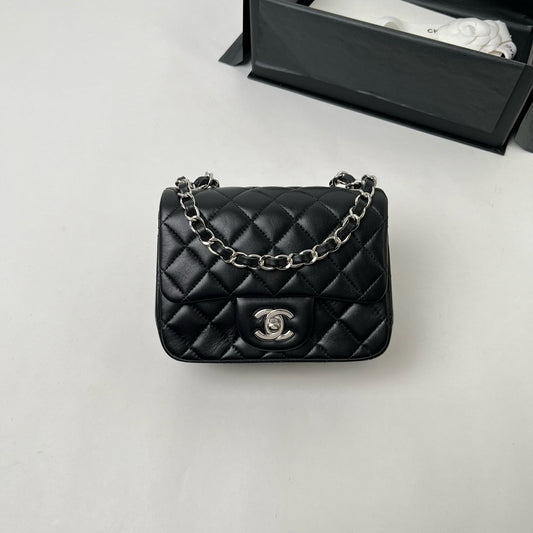 CHANEL CF17 方胖子 黑銀 羊皮 mini square