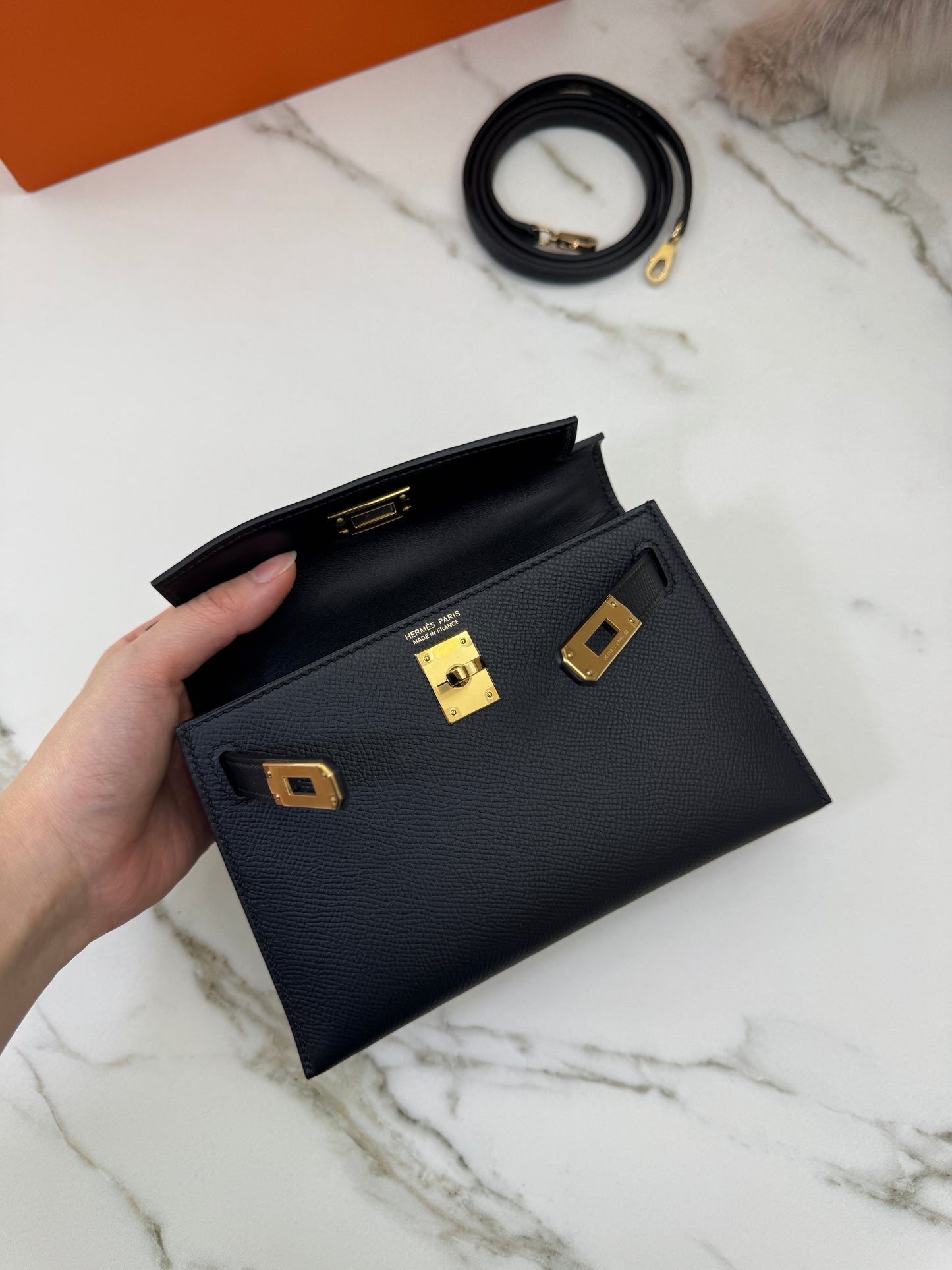HERMES Mini Kelly II 黑金 Epsom Noir GHW