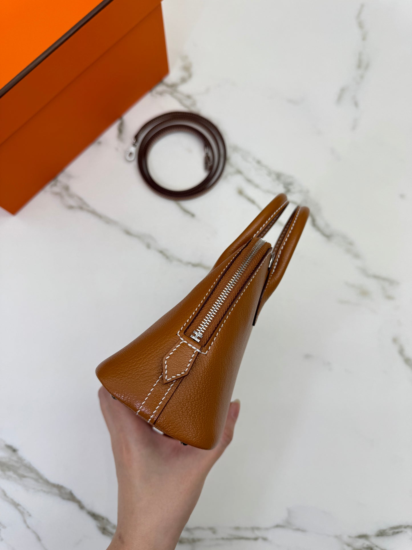 HERMES Mini Bolide 金棕色山羊皮 銀扣 Cherve Gold PHW