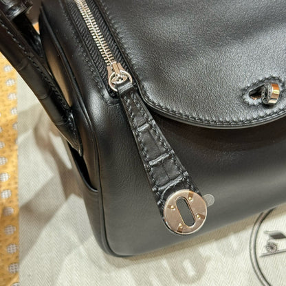 HERMES Mini Lindy Touch 拼鱷魚皮 黑色銀扣 noir