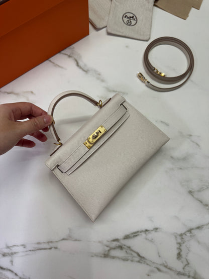 HERMES Mini Kelly II 奶昔白金扣 Epsom Craie GHW
