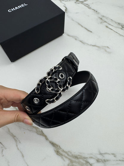 CHANEL 菱格紋穿皮鏈扣皮帶