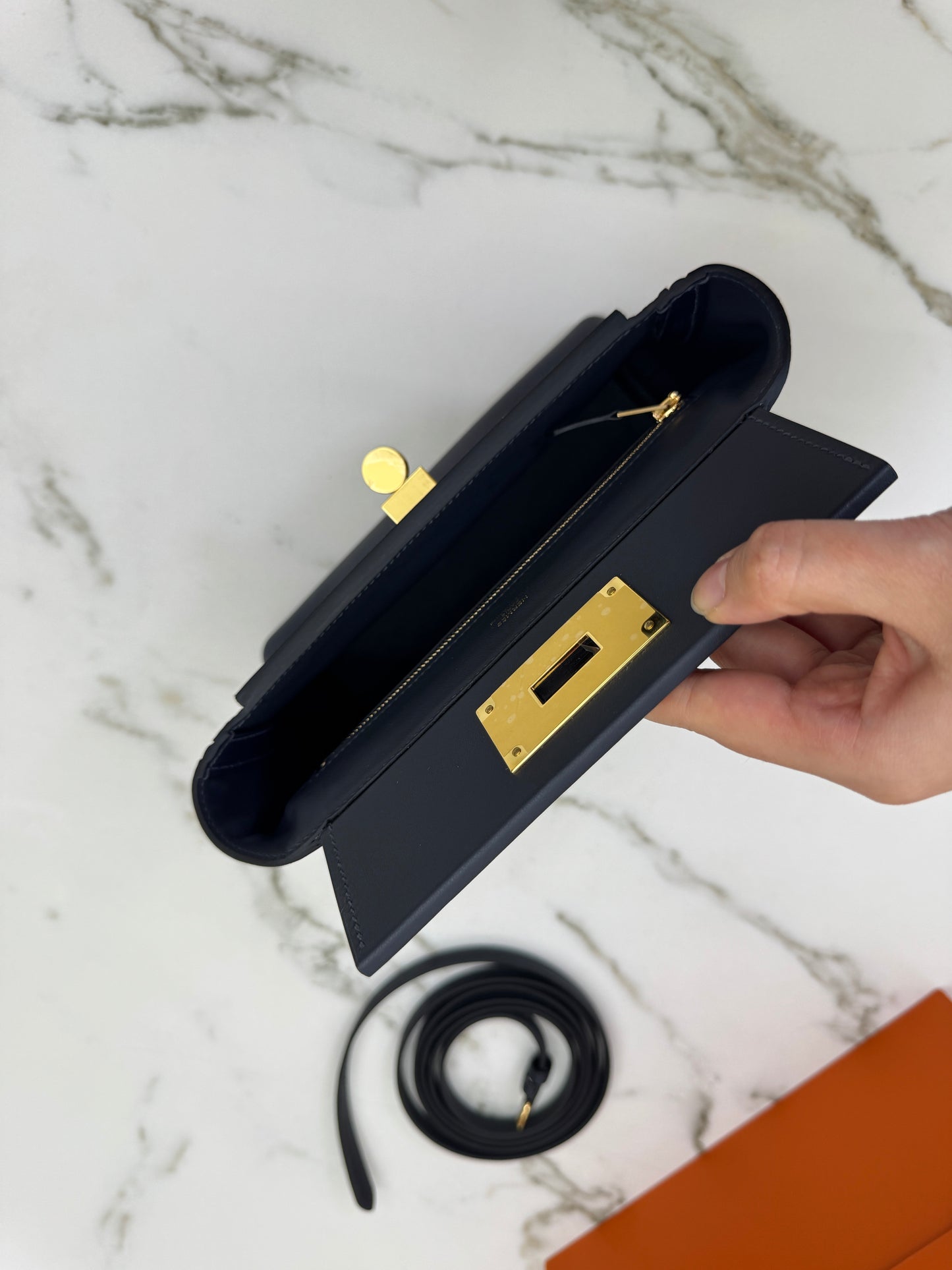 HERMES Mini 2424 午夜藍金扣 Evercolor 2Z Bleu Nuit GHW