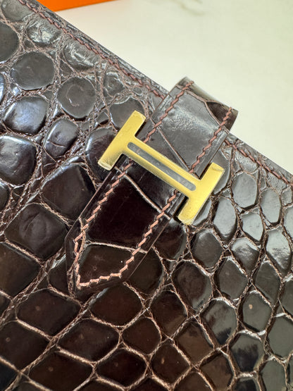 HERMES Bearn Wallet 亮面灣鱷 巧克力色 金扣 Porosus Crocodile Chocolate GHW