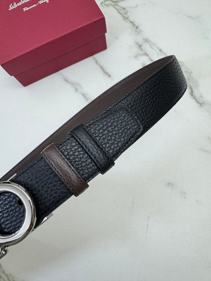 FERRAGAMO 雙面皮帶黑銀扣 黑拼深棕