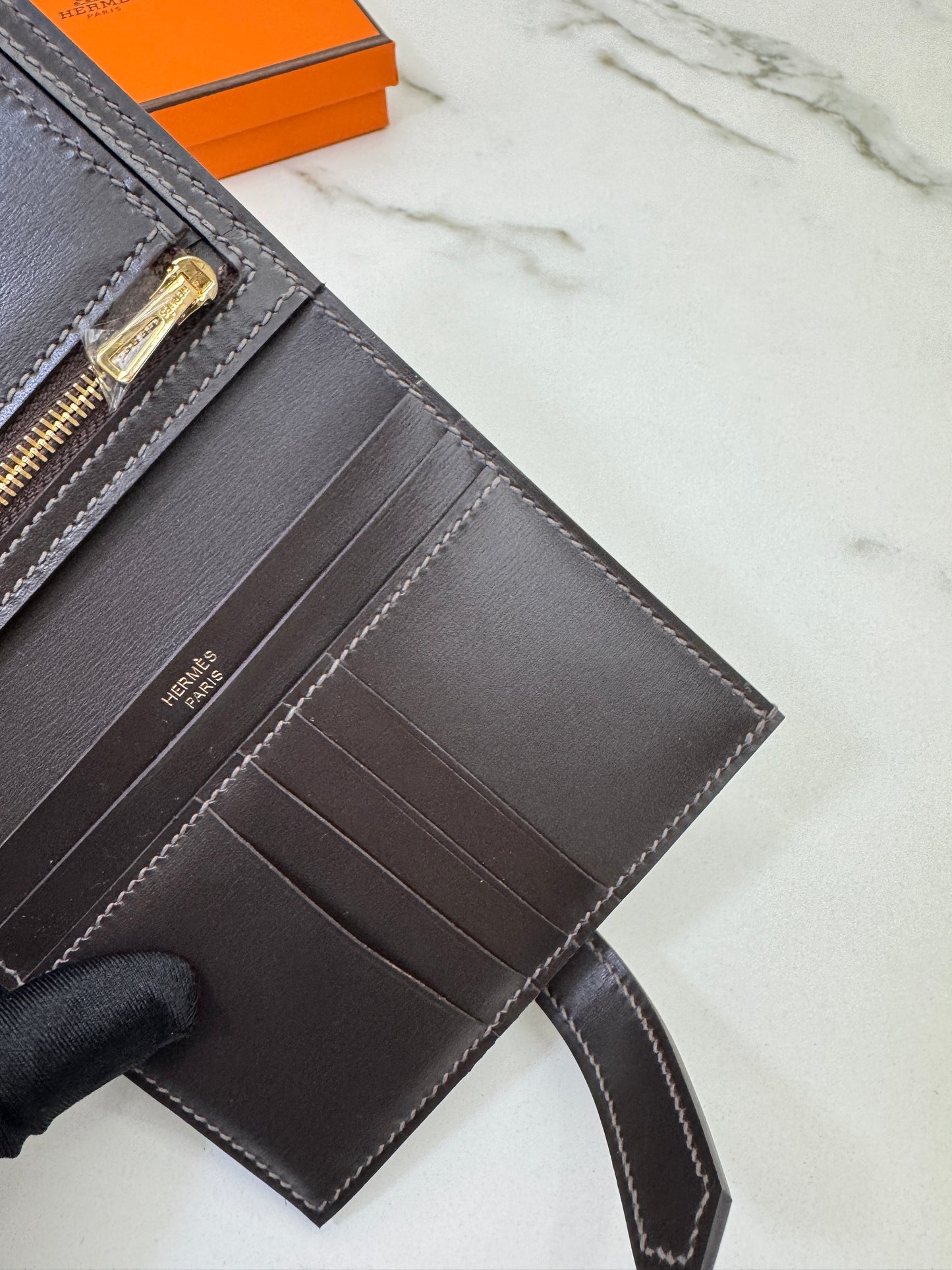 HERMES Bearn Compact Wallet 烏木色Box皮 Ebene GHW