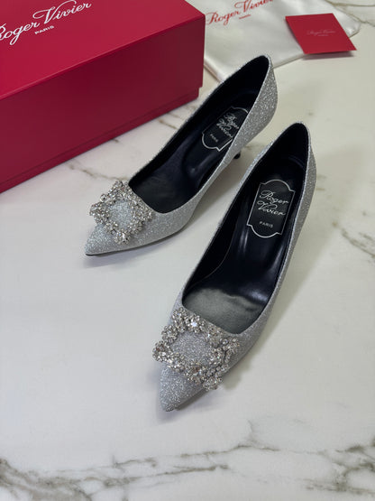 RV 銀色細閃 鑽扣高跟鞋 6cm