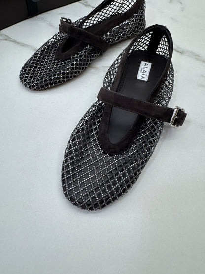 ALAIA 水鑽魚網鞋 深棕色￼