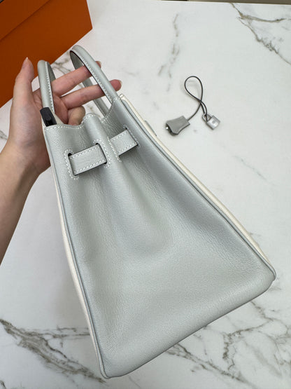HERMES Birkin 30 SO 珍珠灰拼奶昔白山羊皮 拉絲銀扣 Chevre Mysore Gris Pearl x Craie