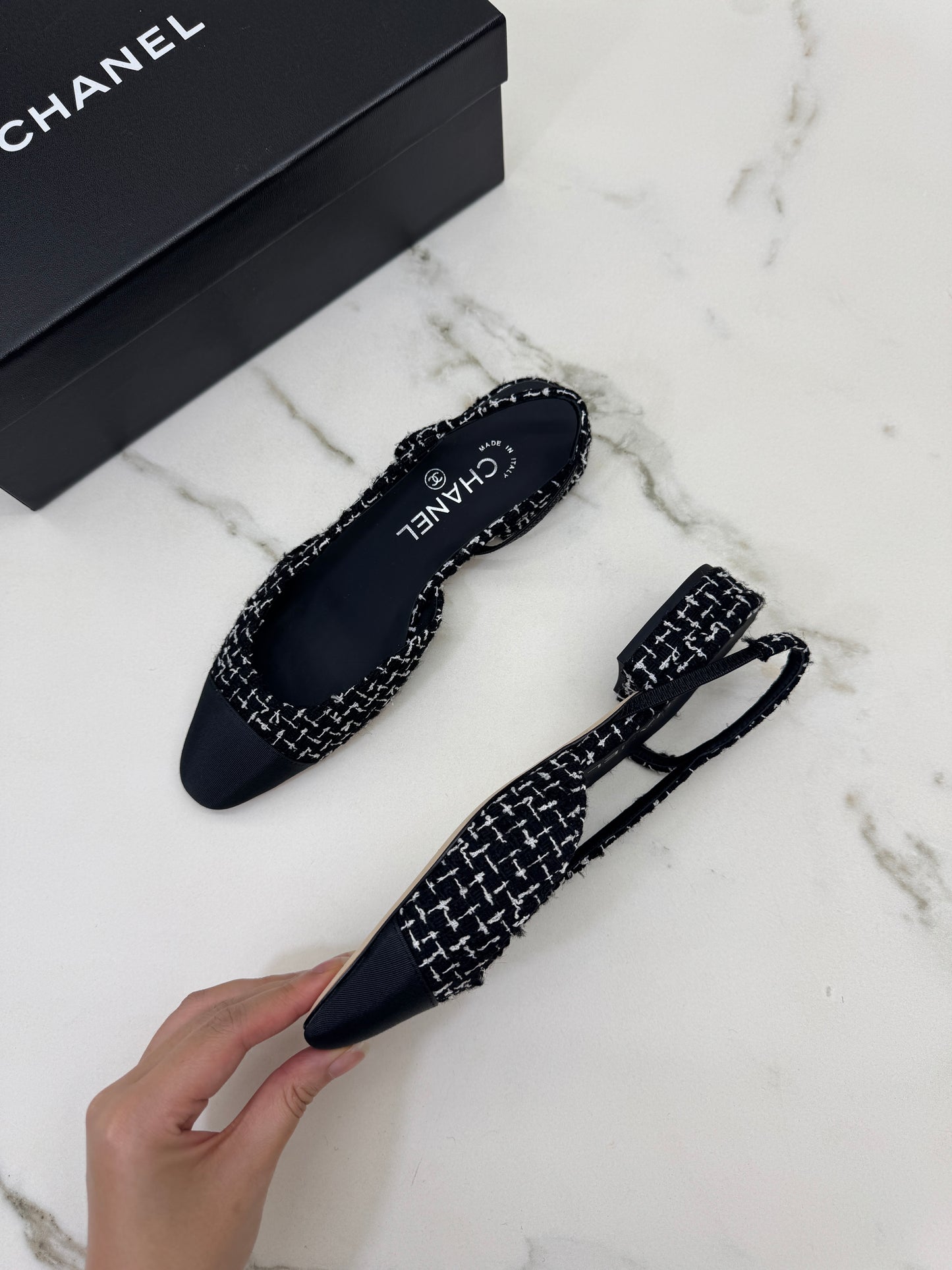 CHANEL Slingback Tweed 黑白粗花呢