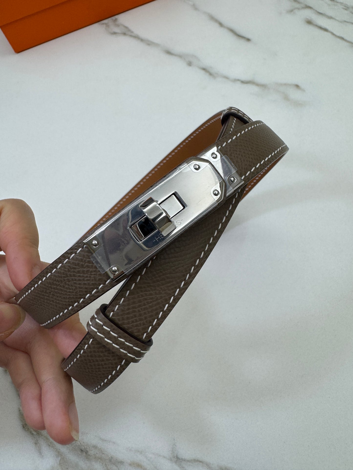 HERMES Kelly Belt 大象灰銀扣（手縫蠟線）