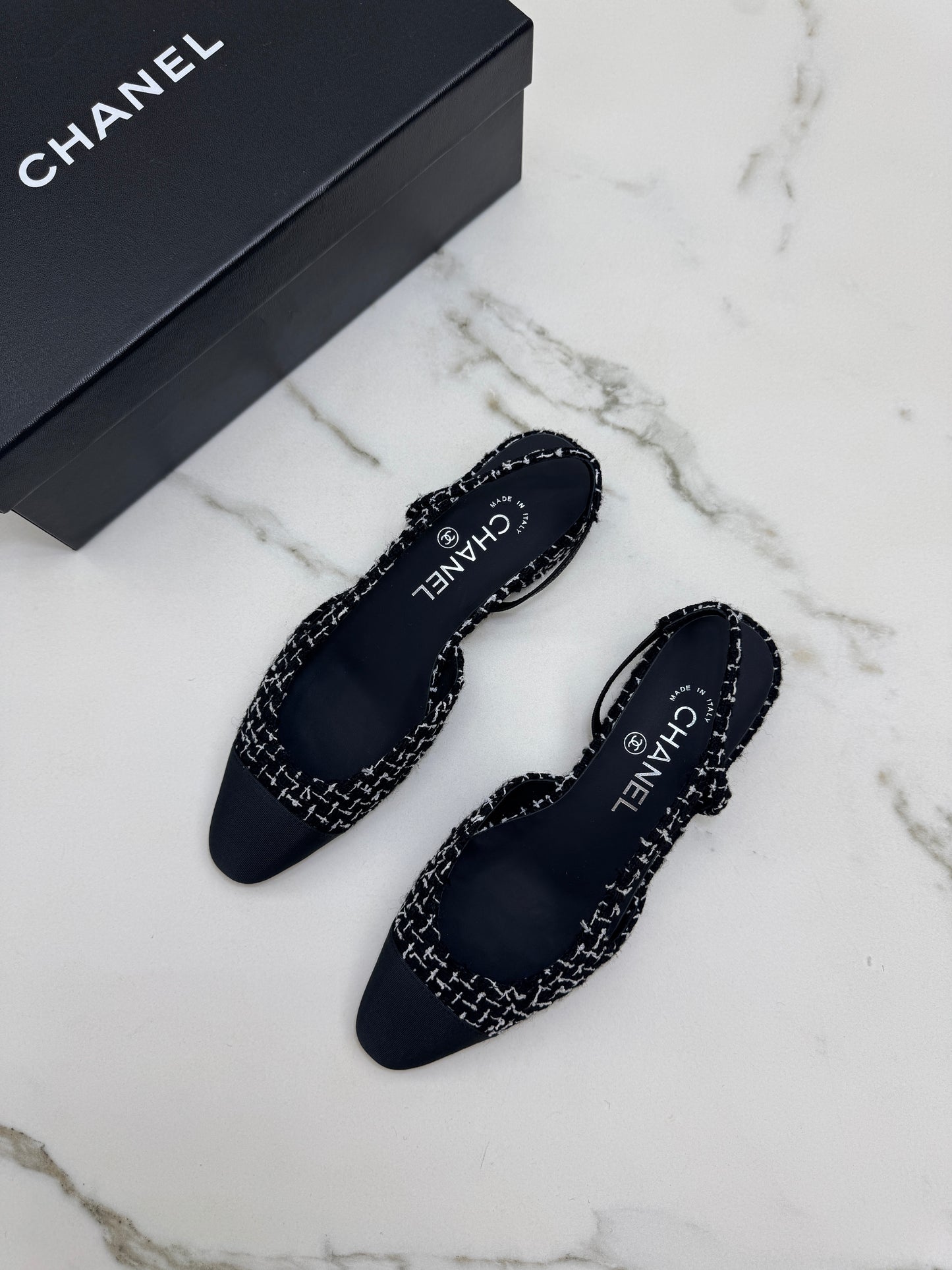 CHANEL Slingback Tweed 黑白粗花呢