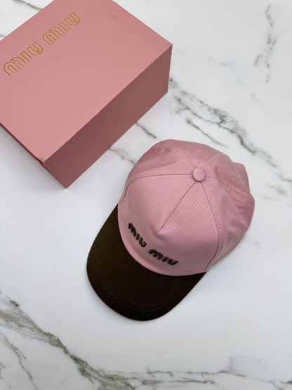 MIU MIU 鴨舌帽 粉紅拼咖啡色￼