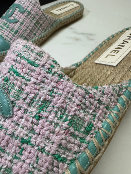 CHANEL 漁夫半拖 軟呢粉紅色拼綠色