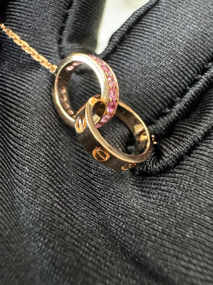 CARTIER Love 雙環粉藍寶玫瑰金項鏈