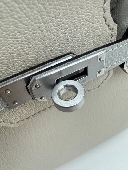 HERMES Birkin 25 SO 奶昔白拼珍珠灰 山羊皮 拉絲銀扣