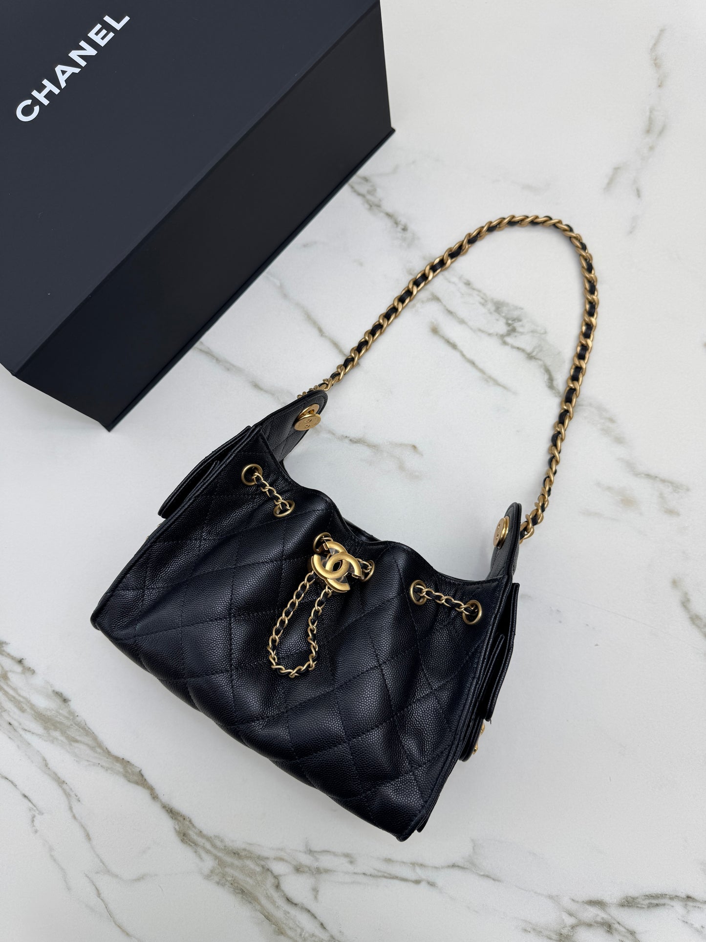 CHANEL Mini 25 Bag 黑色荔枝皮 金扣 Caviar Calfskin GHW