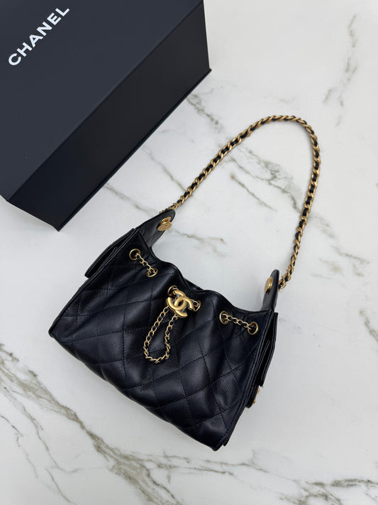 CHANEL Mini 25 Bag 黑色荔枝皮 金扣 Caviar Calfskin GHW