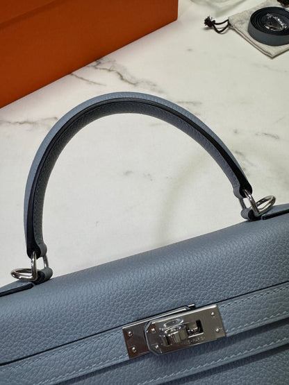 HERMES Kelly 25 亞麻藍 銀扣 內縫 Togo Selier