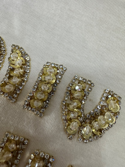 MIU MIU 水鑽Logo 米色T恤