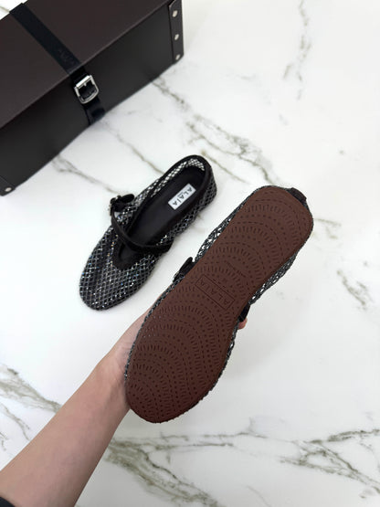 ALAIA 水鑽魚網鞋 深棕色￼